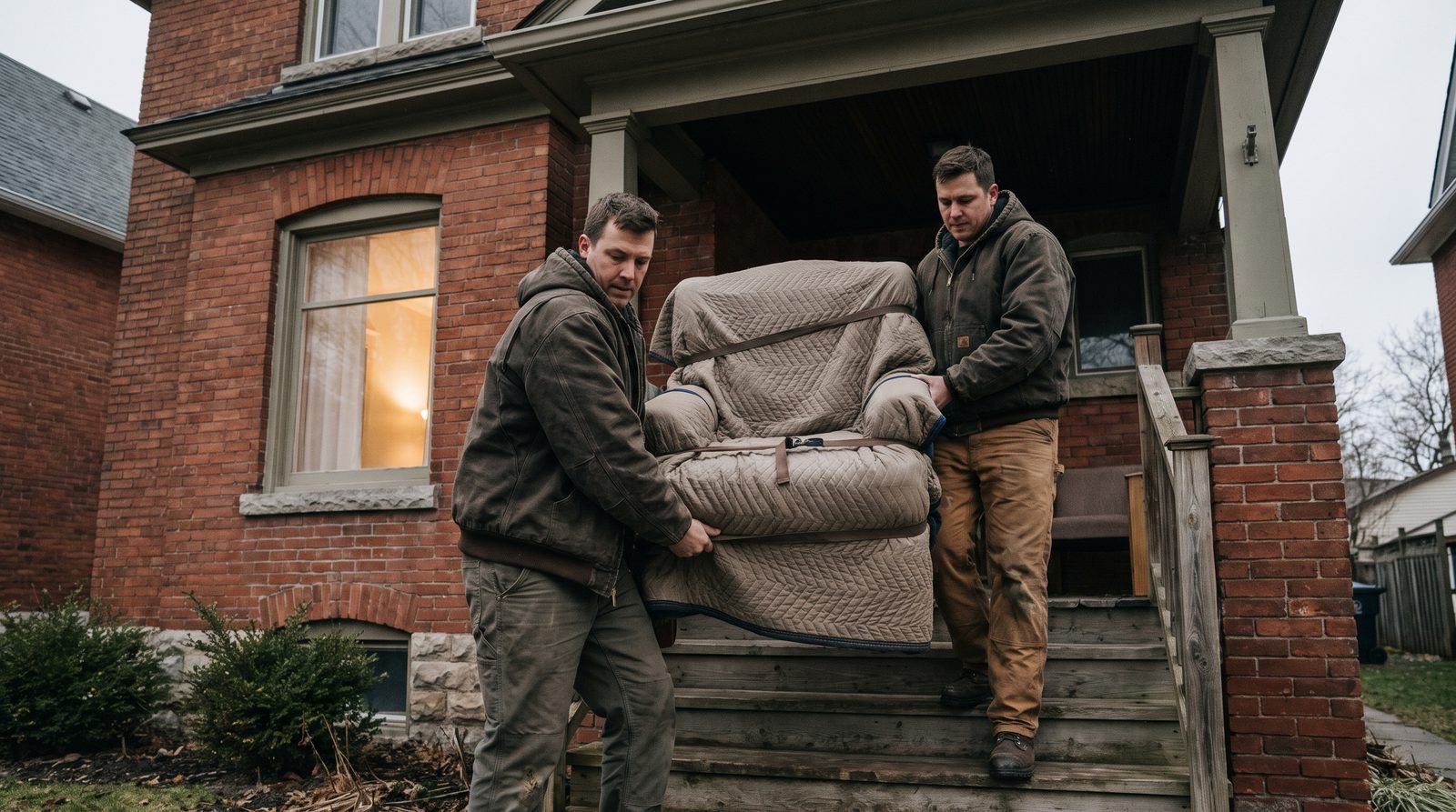 A blanket-wrapped armchair being carried down the front steps of an older brick home as part of a coordinated estate cleanout.