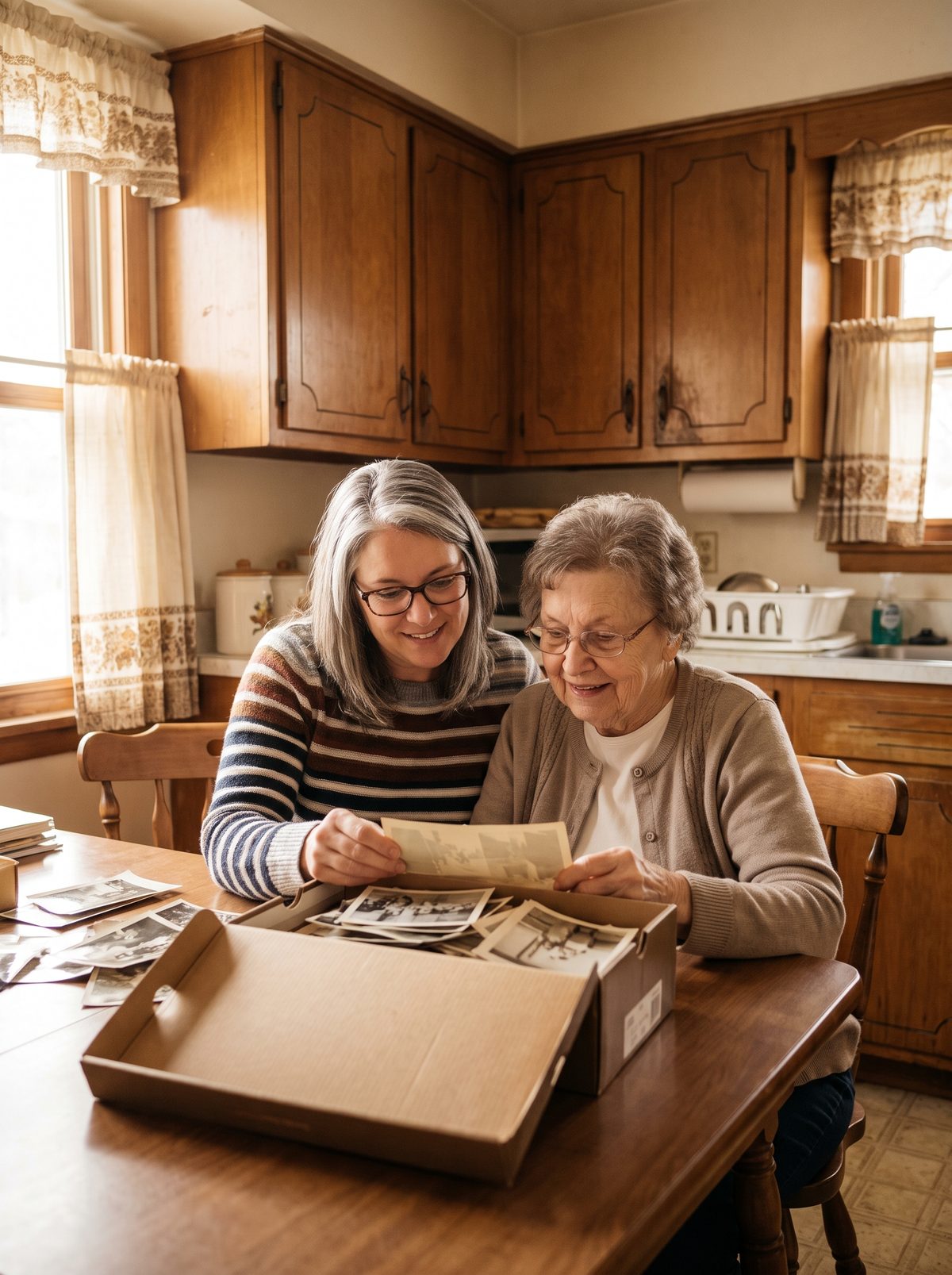 An adult daughter and her elderly mother sitting together at a kitchen table, sorting a box of old family photographs in warm morning light.