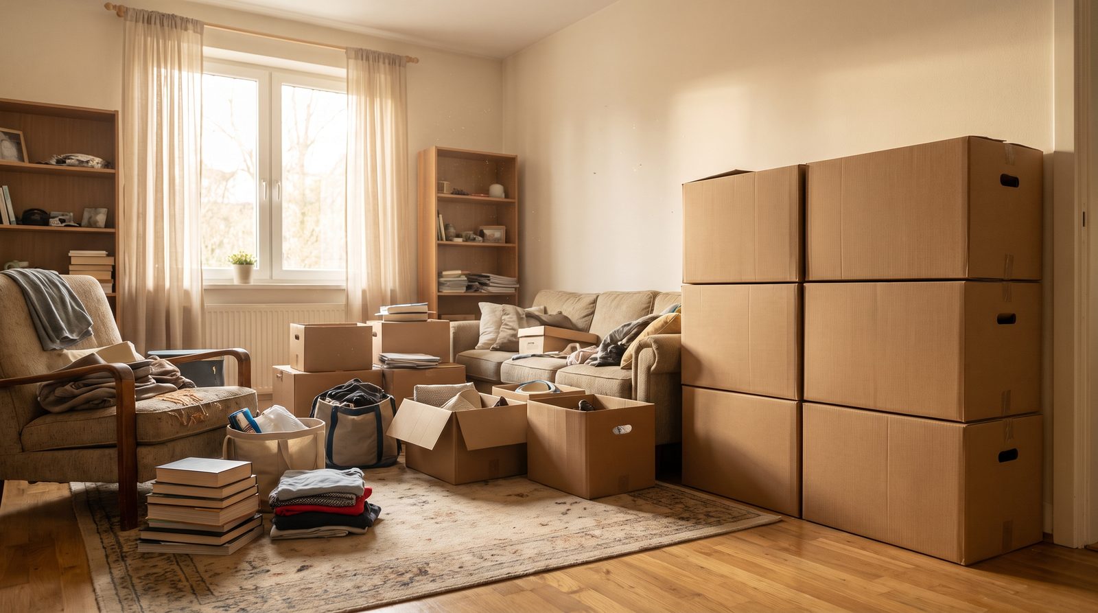 A cluttered living room part-way through being sorted, with labelled boxes stacked neatly along one wall.
